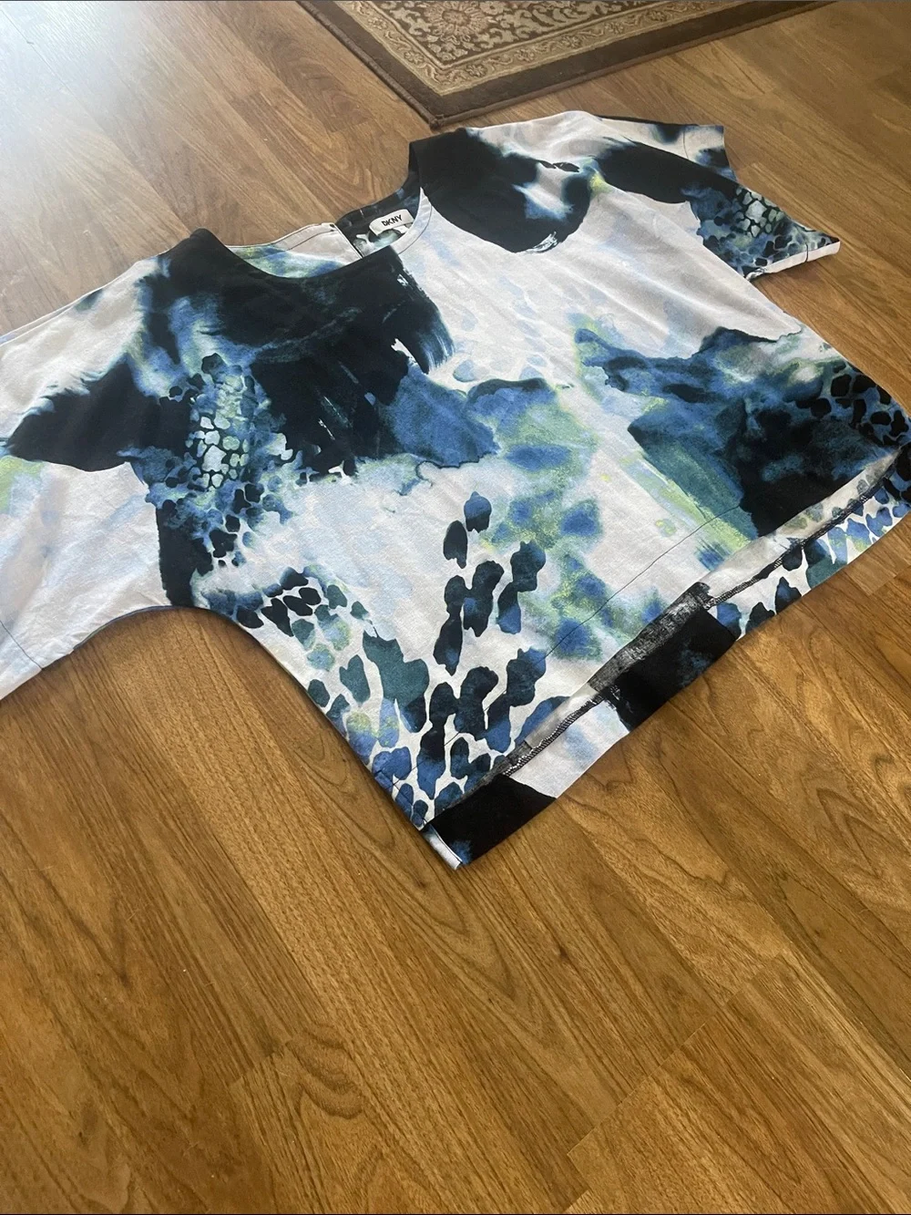 DKNY 2 Piece Set Blue & Black Watercolor Print Top and Matching wide leg